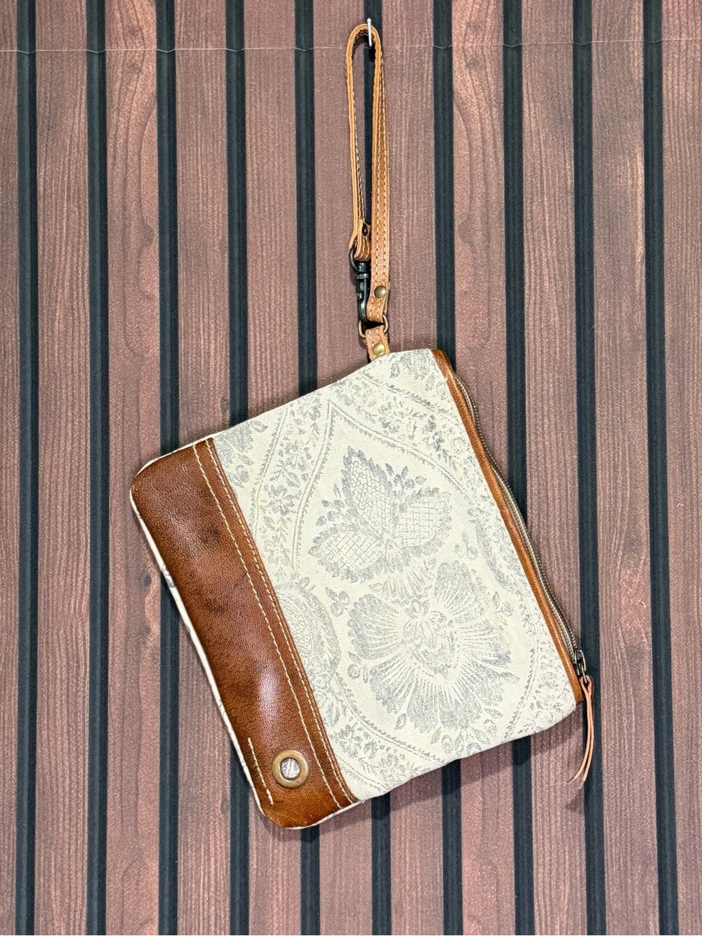 Myra Floral Canvas & Leather Wristlet Boho Western Clutch Pouch